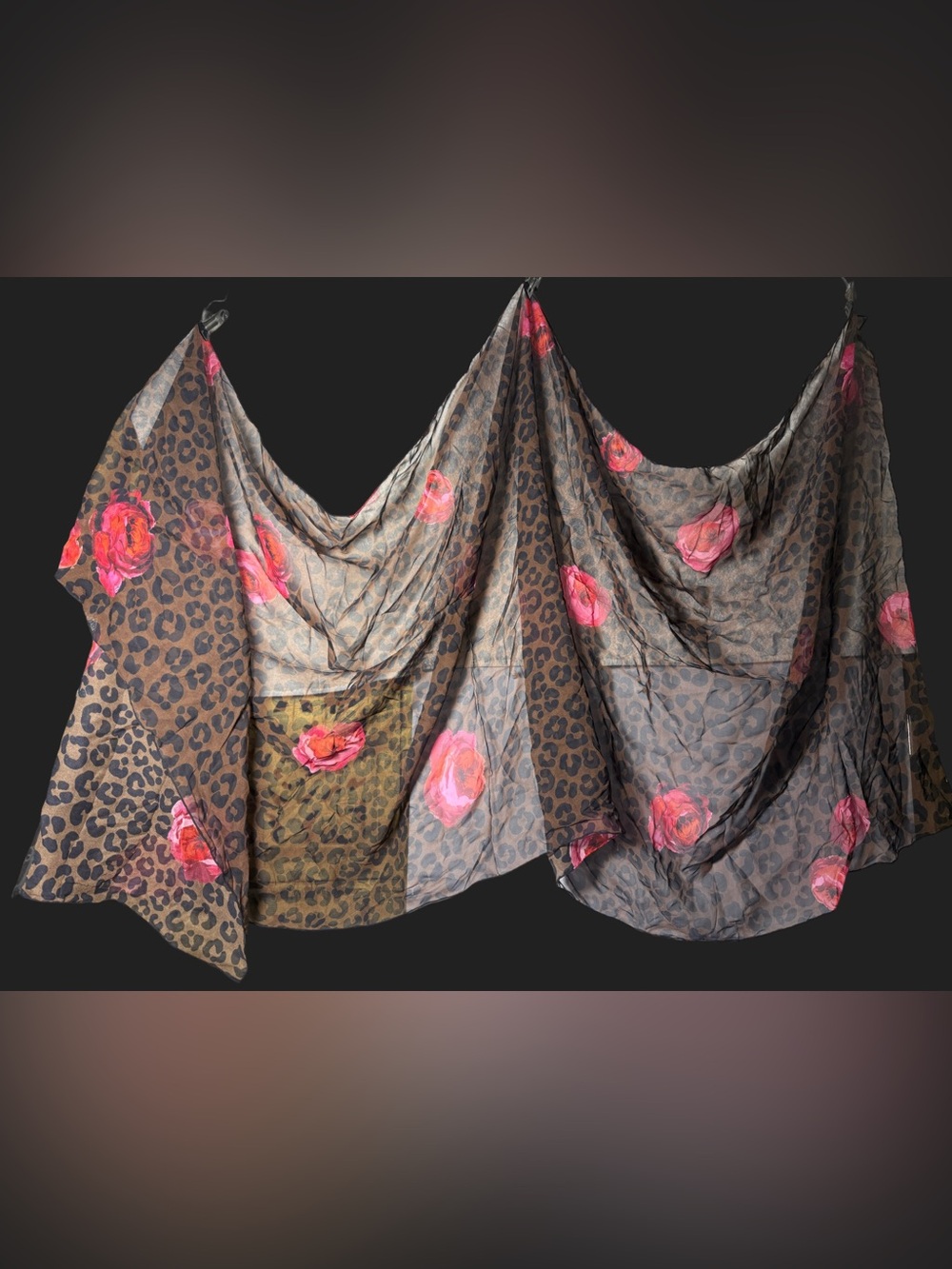 Neiman Marcus Brown Leopard Scarf with Pink Rose Motif